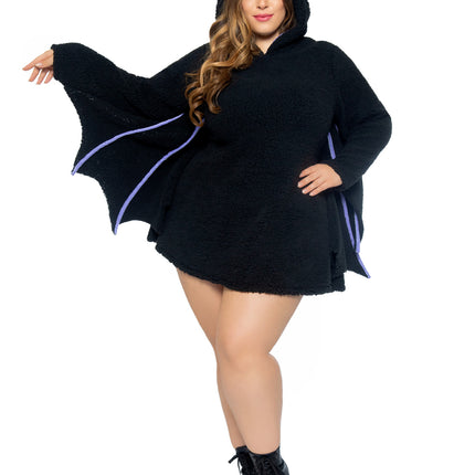 Plus Size 1 PC Moonlight Bat Costume, Includes Ultra-Soft Dress with Wing Sleeves and Ear Hood - Black - 1X-2X