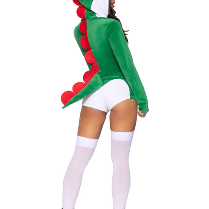 1 PC Comfy Super Dino Costume, Includes Ultra-Soft Velvet Plush Zip Up Romper with Egg Zipper Pull, Scalloped Spine, and Cheeky Paneled Booty with Stuffed Tail - Green/Whit - LARGE