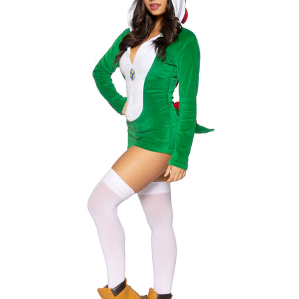 1 PC Comfy Super Dino Costume, Includes Ultra-Soft Velvet Plush Zip Up Romper with Egg Zipper Pull, Scalloped Spine, and Cheeky Paneled Booty with Stuffed Tail - Green/Whit - LARGE