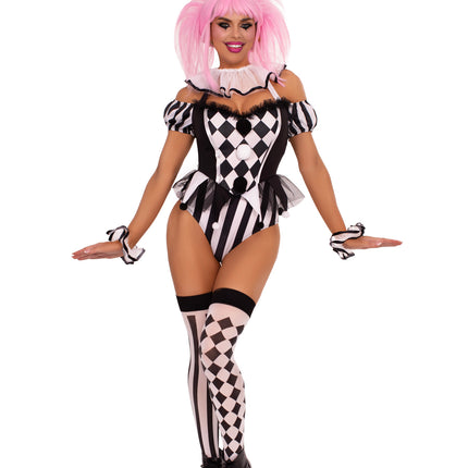 4 PC Captivating Circus Clown Costume, Includes Halter Snap Crotch Bodysuit with Pom-Pom Accents, Neck Ruffle, Wrist Ruffles, and Hat Headband - Blk/White - SMALL