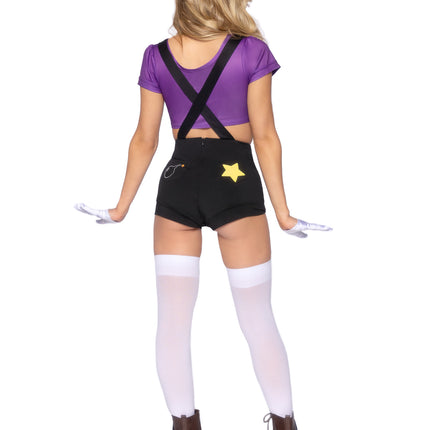 3 PC Gamer Baddie Costume, Includes Character Crop Top, Suspender Shorts with Icon Accents, and Hat - Purple/Blk - MEDIUM