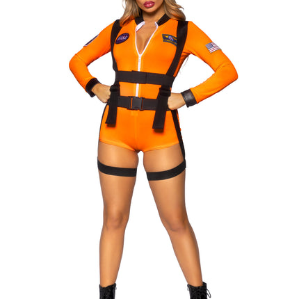 3 PC Space Commander Costume, Includes Zip-Up Romper with Badge Accents, Garter Harness, and Hat - Orange - LARGE