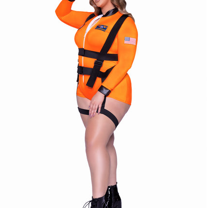 Plus Size 3 PC Space Commander Costume, Includes Zip-Up Romper with Badge Accents, Garter Harness, and Hat - Orange - 1X-2X