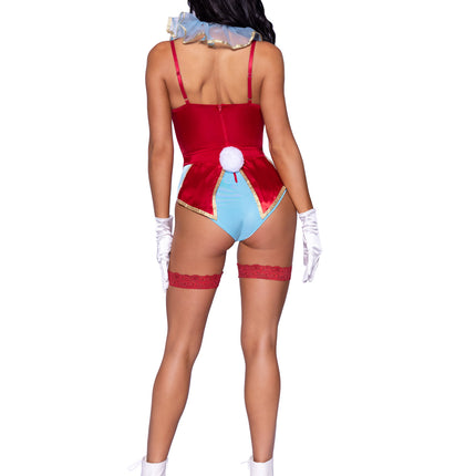 4 PC Wonderland White Rabbit Costume, Includes Snap Crotch Garter Bodysuit with Glitter Heart Detail and Attached Pocket Watch, Neck Ruffle, Bunny Ear Headband, and Pin-On Bunny Tail - Multicolor - SMALL