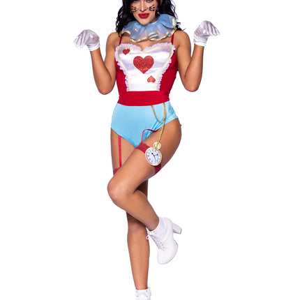 4 PC Wonderland White Rabbit Costume, Includes Snap Crotch Garter Bodysuit with Glitter Heart Detail and Attached Pocket Watch, Neck Ruffle, Bunny Ear Headband, and Pin-On Bunny Tail - Multicolor - SMALL
