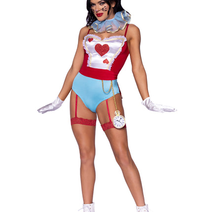 4 PC Wonderland White Rabbit Costume, Includes Snap Crotch Garter Bodysuit with Glitter Heart Detail and Attached Pocket Watch, Neck Ruffle, Bunny Ear Headband, and Pin-On Bunny Tail - Multicolor - SMALL