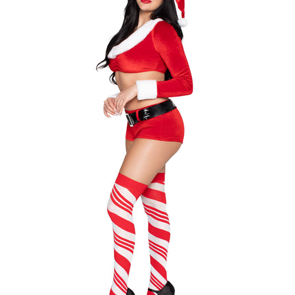 4 PC Christmas Cutie Costume, Includes Velvet Crop Top with Faux Fur Trim, Shorts, Belt, and Santa Hat - Red/White - SMALL