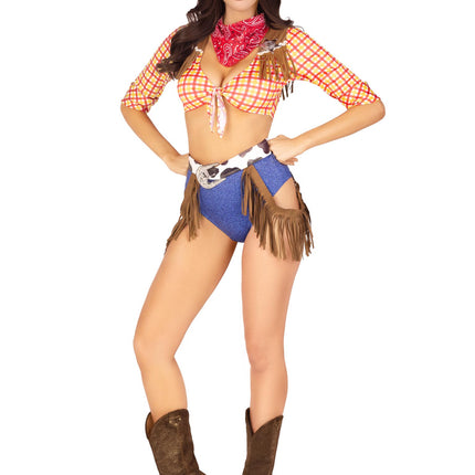 5 PC Playful Cowboy Costume, Includes Tie Front Crop Top with Fringe Detail, High Waist Bottoms, Belt with Fringe Accent, Pin-On Sheriffs Badge, and Neck Bandana - Multicolor - XS