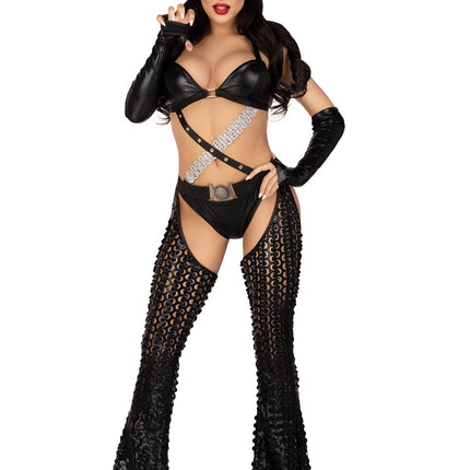 3 PC Mistress Kitty Costume, Includes Strappy Cut Out Bodysuit with Padded Bra Top and Ruched Back Bottoms, Attached Belted Laser Cut Chaps, Fingerless Gloves, and Cat Ear Skull Cap - Black - XS