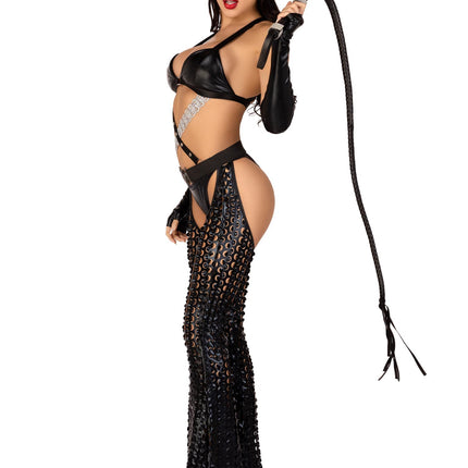 3 PC Mistress Kitty Costume, Includes Strappy Cut Out Bodysuit with Padded Bra Top and Ruched Back Bottoms, Attached Belted Laser Cut Chaps, Fingerless Gloves, and Cat Ear Skull Cap - Black - XS