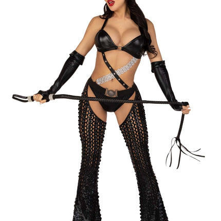 3 PC Mistress Kitty Costume, Includes Strappy Cut Out Bodysuit with Padded Bra Top and Ruched Back Bottoms, Attached Belted Laser Cut Chaps, Fingerless Gloves, and Cat Ear Skull Cap - Black - XS