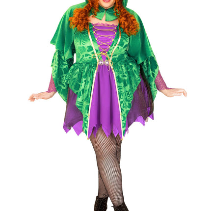 Plus Size 2 PC Crafty Spellcaster Costume, Includes Velvet Dress with Iridescent Tattered Skirt and Net Gauntlet Sleeve, Lace Up Front and Jewels Accents, and Collared Caplet with Pointed Hood - Purple/Gre - 3X-4X