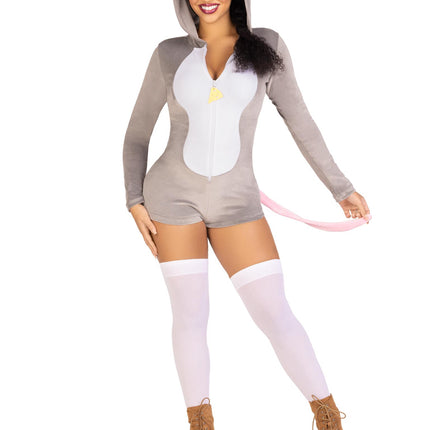 1 PC Comfy Mouse Costume, Includes Ultra-Soft Velvet Plush Zip Up Romper with Cheese Zipper Pull, Tail, And Ear Hood - Grey - XS