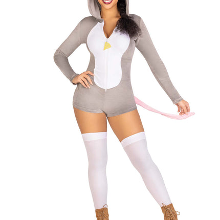 1 PC Comfy Mouse Costume, Includes Ultra-Soft Velvet Plush Zip Up Romper with Cheese Zipper Pull, Tail, And Ear Hood - Grey - XS