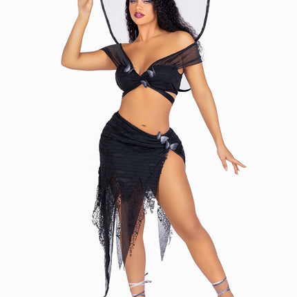 4 PC Dark Fairy Costume, Includes Wrap Around Crop Top with Butterfly Accents, Asymmetrical Skirt with Distressed Net Overlay, Butterfly Hair Clips, and Shimmer Fairy Wings - Black - SMALL