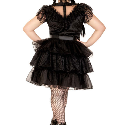Plus Size 3 PC Raving Rebel Costume, Includes Velvet and Lace Dress with Organza Tiered Skirt, Belt, and Knife Hair Clip - Black - 1X-2X