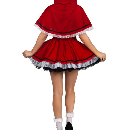 3 PC Flirty Miss Red Costume, Includes Lace Trimmed Crop Top, Suspender Skirt, and Hooded Cape - Red/White - XS
