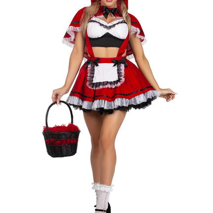 3 PC Flirty Miss Red Costume, Includes Lace Trimmed Crop Top, Suspender Skirt, and Hooded Cape - Red/White - XS