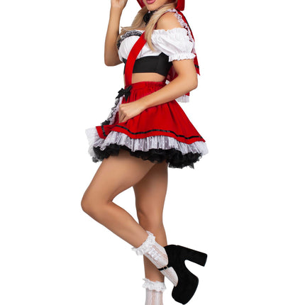 3 PC Flirty Miss Red Costume, Includes Lace Trimmed Crop Top, Suspender Skirt, and Hooded Cape - Red/White - XS