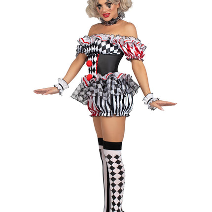 4 PC Darling Harlequin Costume, Includes Ruffle Trimmed Bloomer Romper with Pom-Pom Accents, Wrist Ruffles, Neck Ruffle, and Hat Headband - Multicolor - SMALL