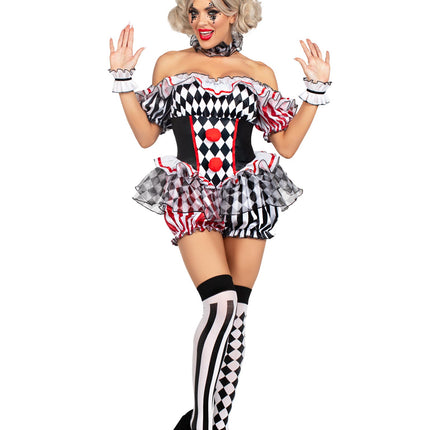 4 PC Darling Harlequin Costume, Includes Ruffle Trimmed Bloomer Romper with Pom-Pom Accents, Wrist Ruffles, Neck Ruffle, and Hat Headband - Multicolor - SMALL