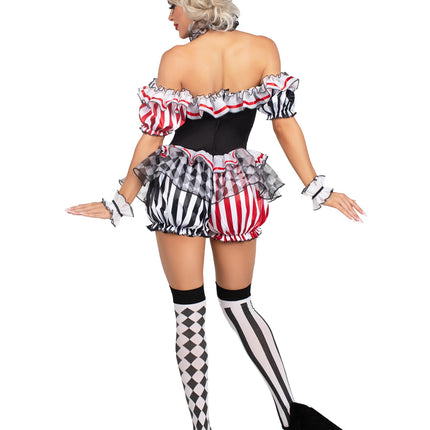 4 PC Darling Harlequin Costume, Includes Ruffle Trimmed Bloomer Romper with Pom-Pom Accents, Wrist Ruffles, Neck Ruffle, and Hat Headband - Multicolor - MEDIUM