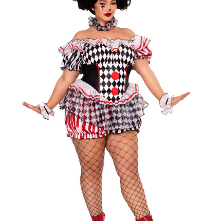 Plus Size 4 PC Darling Harlequin Costume, Includes Ruffle Trimmed Bloomer Romper with Pom-Pom Accents, Wrist Ruffles, Neck Ruffle, and Hat Headband - Multicolor - 1X-2X
