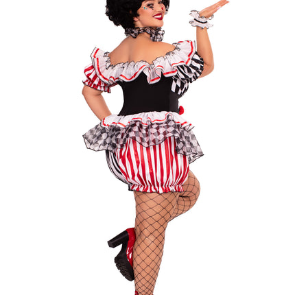 Plus Size 4 PC Darling Harlequin Costume, Includes Ruffle Trimmed Bloomer Romper with Pom-Pom Accents, Wrist Ruffles, Neck Ruffle, and Hat Headband - Multicolor - 3X-4X