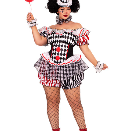 Plus Size 4 PC Darling Harlequin Costume, Includes Ruffle Trimmed Bloomer Romper with Pom-Pom Accents, Wrist Ruffles, Neck Ruffle, and Hat Headband - Multicolor - 3X-4X