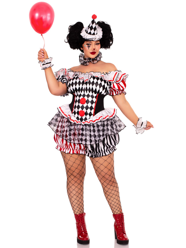 Plus Size 4 PC Darling Harlequin Costume, Includes Ruffle Trimmed Bloomer Romper with Pom-Pom Accents, Wrist Ruffles, Neck Ruffle, and Hat Headband - Multicolor - 3X-4X