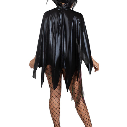 3 PC Evil Enchantress Costume, Includes Snap Crotch Bodysuit with Iridescent Skirt, Jeweled Flame Cape, and Horn Headband - Blk/Purple - XS