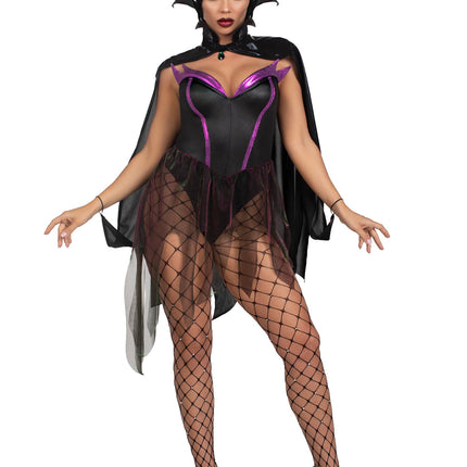 3 PC Evil Enchantress Costume, Includes Snap Crotch Bodysuit with Iridescent Skirt, Jeweled Flame Cape, and Horn Headband - Blk/Purple - XS