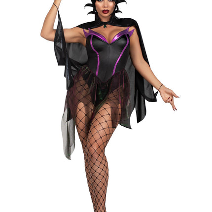 3 PC Evil Enchantress Costume, Includes Snap Crotch Bodysuit with Iridescent Skirt, Jeweled Flame Cape, and Horn Headband - Blk/Purple - XS