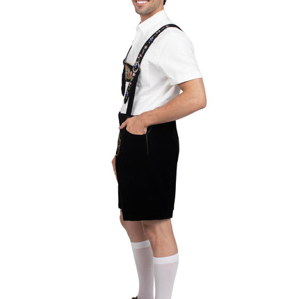 Men’s 1 PC Bavarian Lederhosen Costume, Includes Embroidered Stretch Velveteen Lederhosen with Pockets and Authentic Bib Suspenders - Black - SMALL