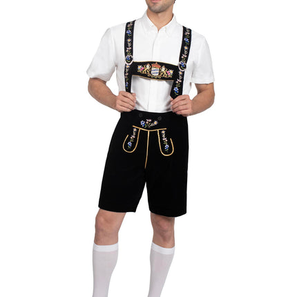 Men’s 1 PC Bavarian Lederhosen Costume, Includes Embroidered Stretch Velveteen Lederhosen with Pockets and Authentic Bib Suspenders - Black - LARGE