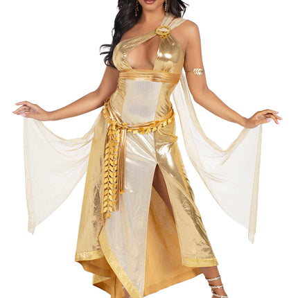3 PC Golden Goddess Costume, Includes Asymmetrical Shimmer Dress with One-Shoulder Buckle Accent and Ribbon Trim, Attached Iridescent Draping with Finger Loop, Gold Leaf Sash, and Headband - Gold - MEDIUM