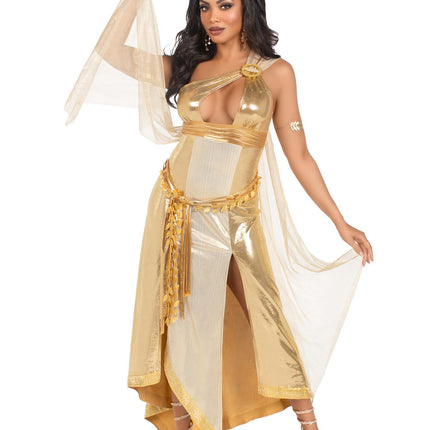 3 PC Golden Goddess Costume, Includes Asymmetrical Shimmer Dress with One-Shoulder Buckle Accent and Ribbon Trim, Attached Iridescent Draping with Finger Loop, Gold Leaf Sash, and Headband - Gold - MEDIUM