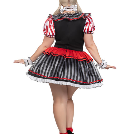 Plus Size 4 PC Darling Harlequin Costume, Includes Ruffle Trimmed Dress with Pom-Pom Accents, Wrist Ruffles, Neck Ruffle, and Hat Headband - Multicolor - 1X-2X