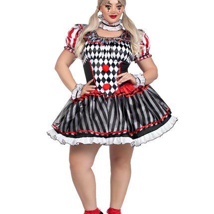 Plus Size 4 PC Darling Harlequin Costume, Includes Ruffle Trimmed Dress with Pom-Pom Accents, Wrist Ruffles, Neck Ruffle, and Hat Headband - Multicolor - 1X-2X