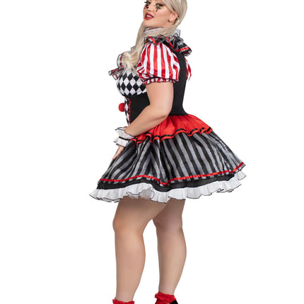 Plus Size 4 PC Darling Harlequin Costume, Includes Ruffle Trimmed Dress with Pom-Pom Accents, Wrist Ruffles, Neck Ruffle, and Hat Headband - Multicolor - 1X-2X