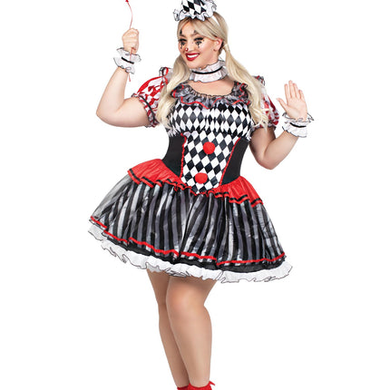 Plus Size 4 PC Darling Harlequin Costume, Includes Ruffle Trimmed Dress with Pom-Pom Accents, Wrist Ruffles, Neck Ruffle, and Hat Headband - Multicolor - 1X-2X
