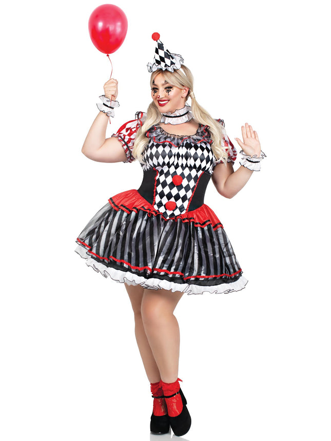 Plus Size 4 PC Darling Harlequin Costume, Includes Ruffle Trimmed Dress with Pom-Pom Accents, Wrist Ruffles, Neck Ruffle, and Hat Headband - Multicolor - 3X-4X