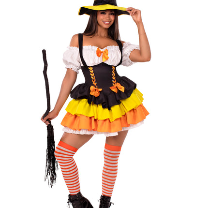 2 PC Candy Corn Witch Costume, Includes Dress with Tiered Skirt Lace-Up Waist and Witch Hat - Multicolor - X-LARGE