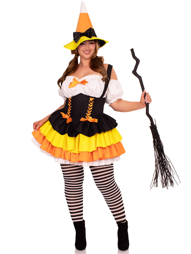 Plus Size 2 PC Candy Corn Witch Costume, Includes Dress with Tiered Skirt Lace-Up Waist and Witch Hat - Multicolor - 3X-4X