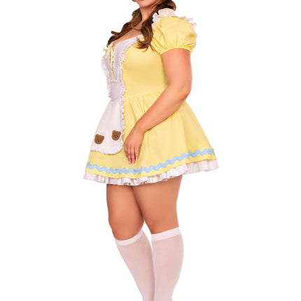 Plus Size 3 PC Beary-Cute Goldilocks Costume, Includes Apron Dress with Lace-Up Front and Bear Patches, Pin-On Back Bow, and Bonnet - Yellow - 1X-2X