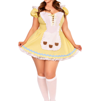 Plus Size 3 PC Beary-Cute Goldilocks Costume, Includes Apron Dress with Lace-Up Front and Bear Patches, Pin-On Back Bow, and Bonnet - Yellow - 1X-2X