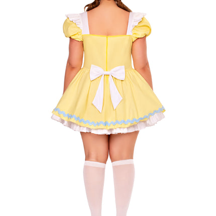 Plus Size 3 PC Beary-Cute Goldilocks Costume, Includes Apron Dress with Lace-Up Front and Bear Patches, Pin-On Back Bow, and Bonnet - Yellow - 3X-4X