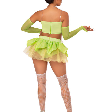 6 PC Bayou Babe Costume, Includes Ruffle-Trimmed Bustier Top, clear straps, Petal Skirt Garter Panty, Pin-On Flower, Shimmer Gauntlet Gloves, And Crown - Green - MEDIUM
