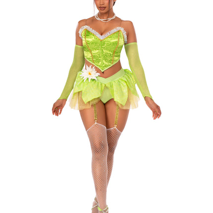 6 PC Bayou Babe Costume, Includes Ruffle-Trimmed Bustier Top, clear straps, Petal Skirt Garter Panty, Pin-On Flower, Shimmer Gauntlet Gloves, And Crown - Green - MEDIUM