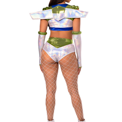 4 PC Intergalactic Ranger Costume, Includes Holographic Crop Top, Wing Harness, Bottoms, and Fingerless Gloves - Multicolor - LARGE